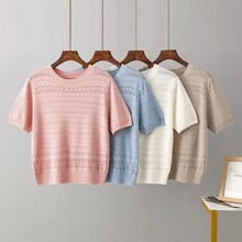 2023春夏新款韩版圆领套头镂空设计透气空调感短袖T恤针织衫女潮