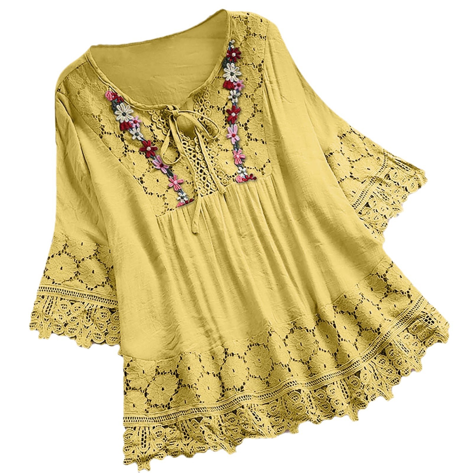 Elegantes Damen-Top mit V-Ausschnitt, Frühlings-/Sommerstil, Patchwork-Spitzenbesatz, lockere Passform, Baumwoll-Leinen-Mischung, europäischer und amerikanischer Stil_voghion.com