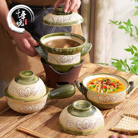 千年烧砂锅炖锅家用燃气灶耐高温双耳锅绿釉手绘干烧不裂汤煲批发