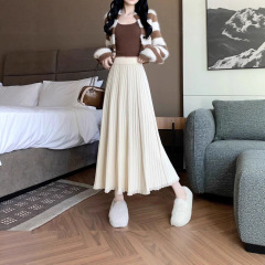 白色针织半身裙女秋冬中长款垂坠感高腰百褶裙软糯休闲大摆裙伞裙