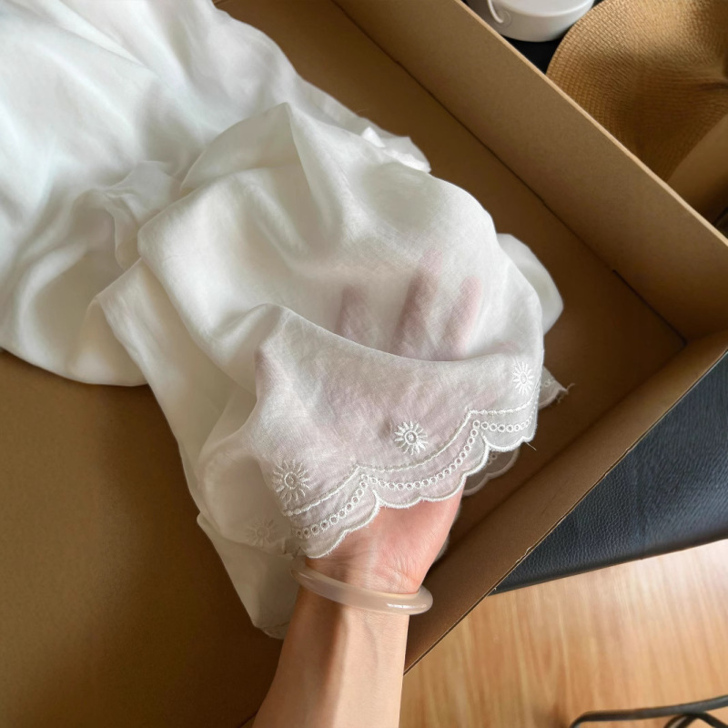 レース刺繍ホワイトリネンカジュアルストレートパンツ女性のための 2025 夏フレンチライト通気性ドレープワイドレッグパンツ|undefined