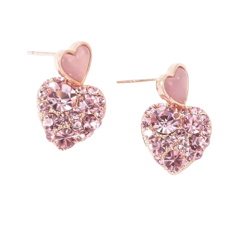S925 aguja de plata exquisito diamante completo Rosa melocotón corazón encantador aretes 2023 nueva moda dulce temperamento pendientes