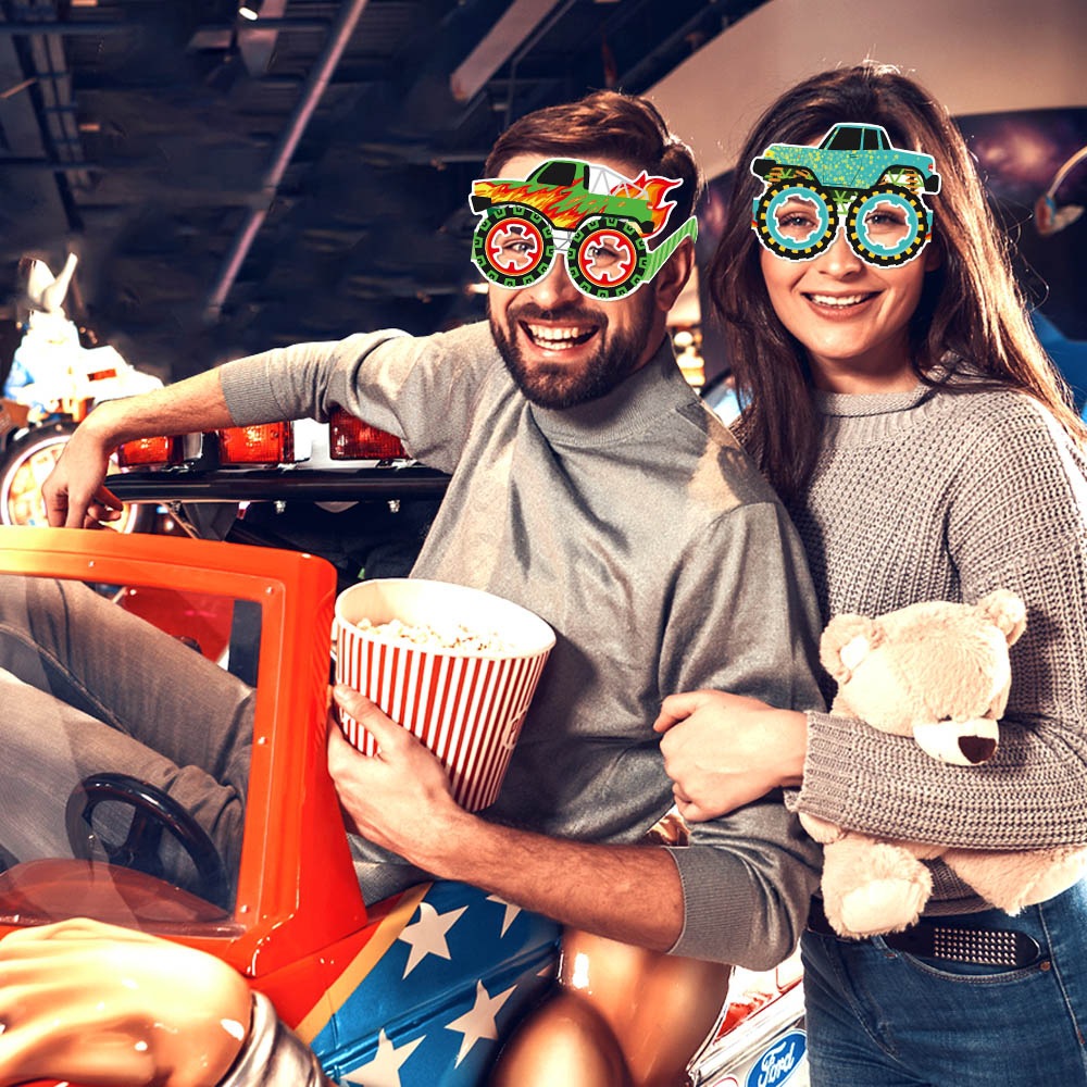 Monstruos transfronterizos camiones de cumpleaños para niños gafas de papel decoración de cumpleaños para vehículos todoterreno gafas de fotos