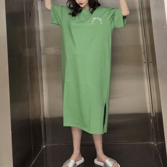 Summer New Short-sleeved Loose Large Size Women's Dress Casual Long Over-the-Knee Dress Outfit Home Wear Wholesale