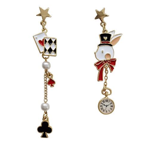 Self-designed personalized funny S925 silver needle playing card earrings cute little rabbit asymmetrical earrings H5229