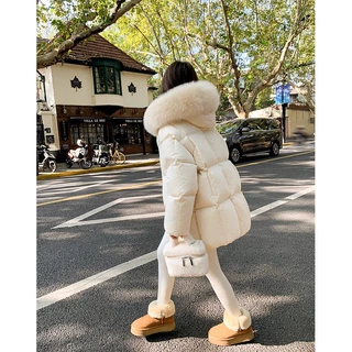 粉色大毛领羽绒棉服女中长款冬季爆款学生加厚面包服棉衣保暖棉袄