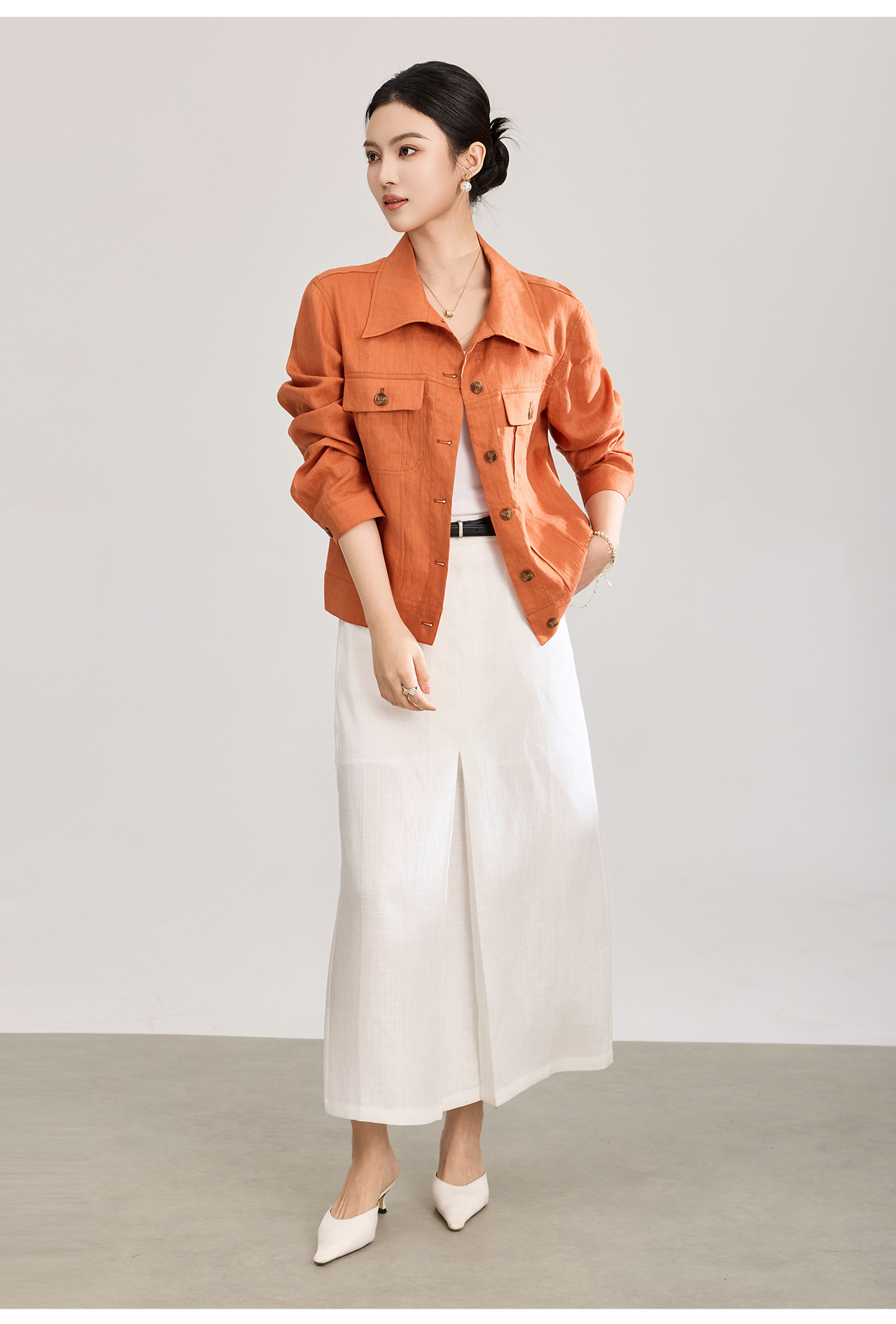 Áo sơ mi nữ linen phong cách Old Money hai túi xếp ly kiểu công nhân — màu cam chi tiết 21