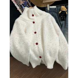 韩系甜美彩点白色水貂绒毛衣外套女冬季宽松慵懒风针织开衫上衣潮