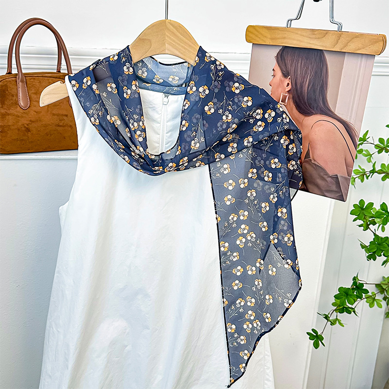 Bufanda de seda, banda larga, sentido de alta calidad, flor de doble cara, sentido de la atmósfera coreana, pañuelo, cinturón para el cabello, bufanda decorativa, bufanda fina, chal