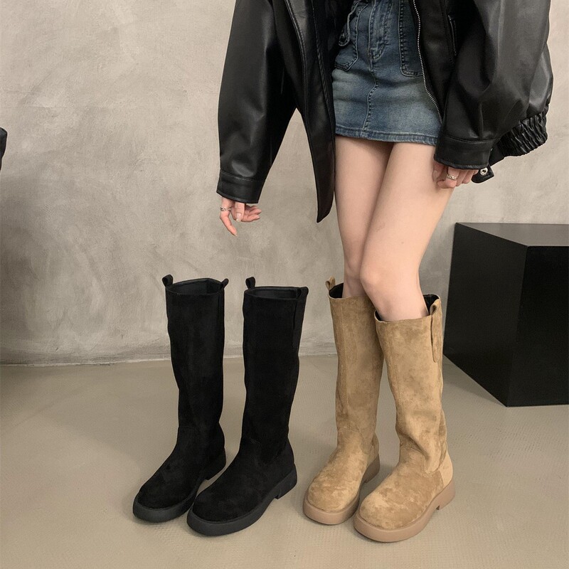 卡其色长靴女绒面复古高筒靴2025春秋冬季不过膝厚底马丁靴堆堆靴|undefined