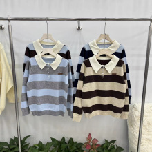 2025秋冬新款宽条撞色polo字母领刺绣百搭套头毛衣女学院风休闲