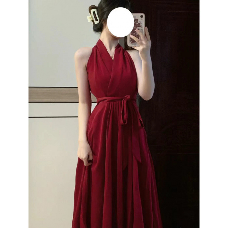 높은 허리 원피스 프랑스 로맨틱 붉은 목 여성의 2022 가을 V-목 타이트 허리 스트랩 중간 길이 원피스