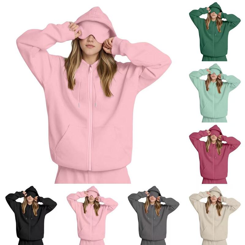 2026 Autumn and Winter New Casual Hooded Eye Mask Sweatshirt Jacket for Home Use, Lazy Style, Solid Color, Versatile Style Jacket