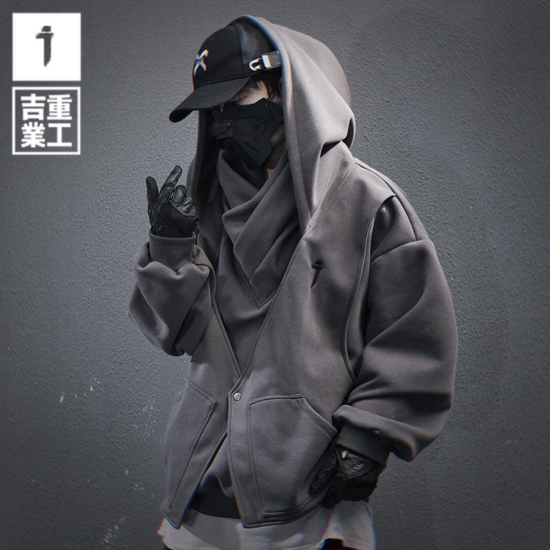 지예 중공업 2025 봄 새 무거운 자수 높은 칼라 가짜 투피스 스웨터 남자 느슨한 캐주얼 더미 칼라