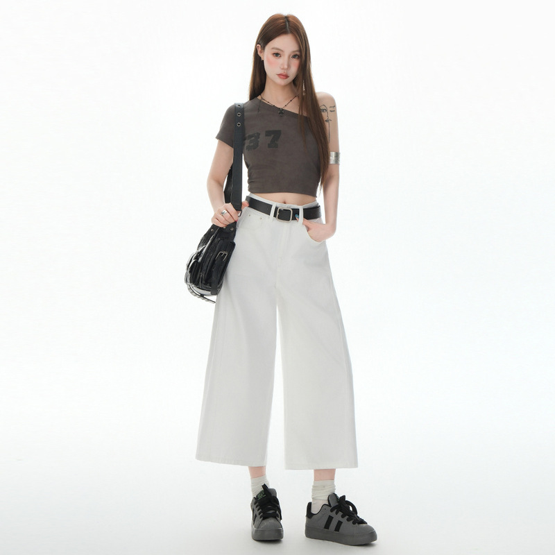 Trendy Cool American Eight-point Wide-leg Vertical Bamboo Jeans Women's 2025 Summer New High Waist Slimming Loose Wide-leg Pants