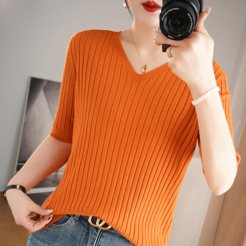 New year's new versatile short-sleeved T-shirt slim striped women's sweater slimming bottoming wear inside and outside