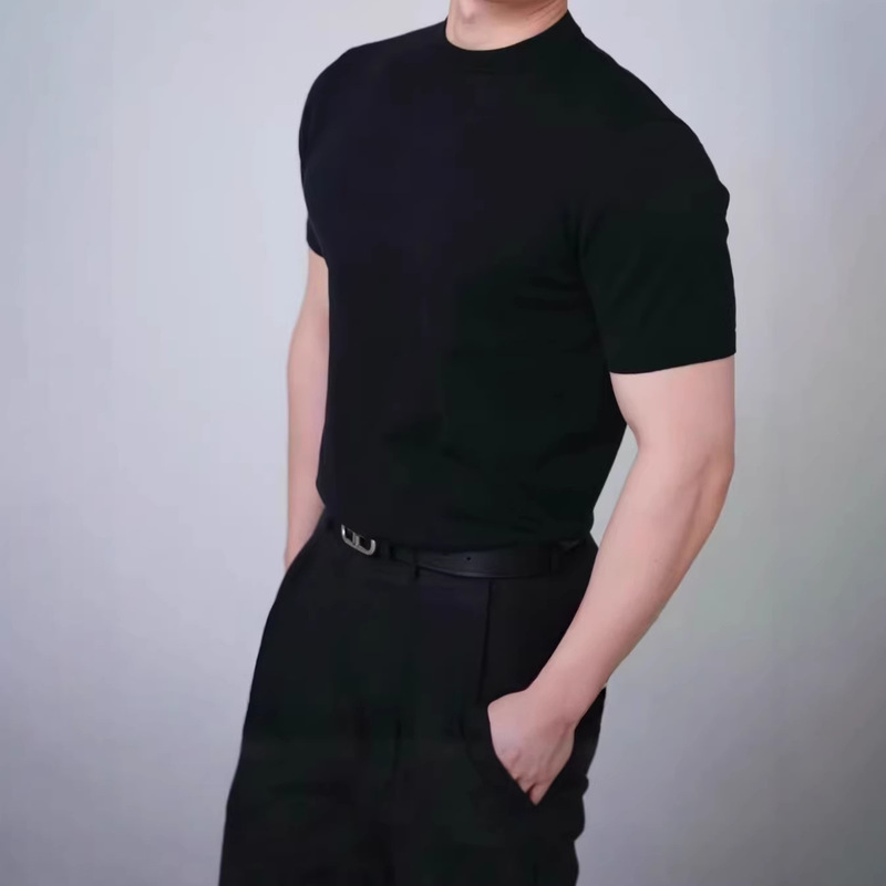 Summer premium cotton 60-count slim-fit classic jacquard round-neck simple regular-shoulder knitted T-shirt for men