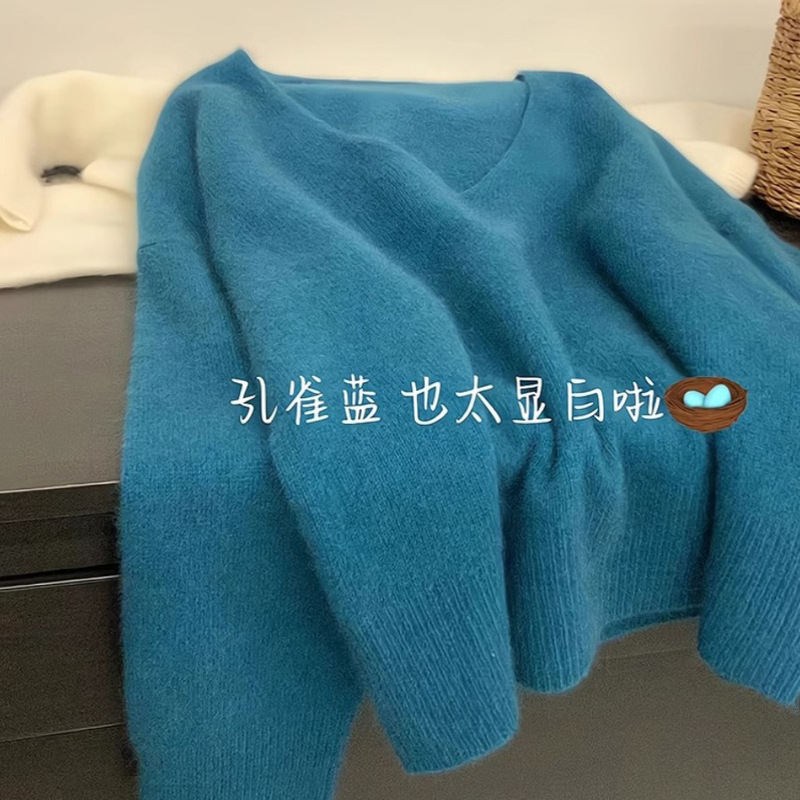 Korean Style Blue V-neck Sweater Knitted Sweater Women's Autumn and Winter Outer Wear Loose Lazy Style Soft Waxy Pullover Sweater Women's Top