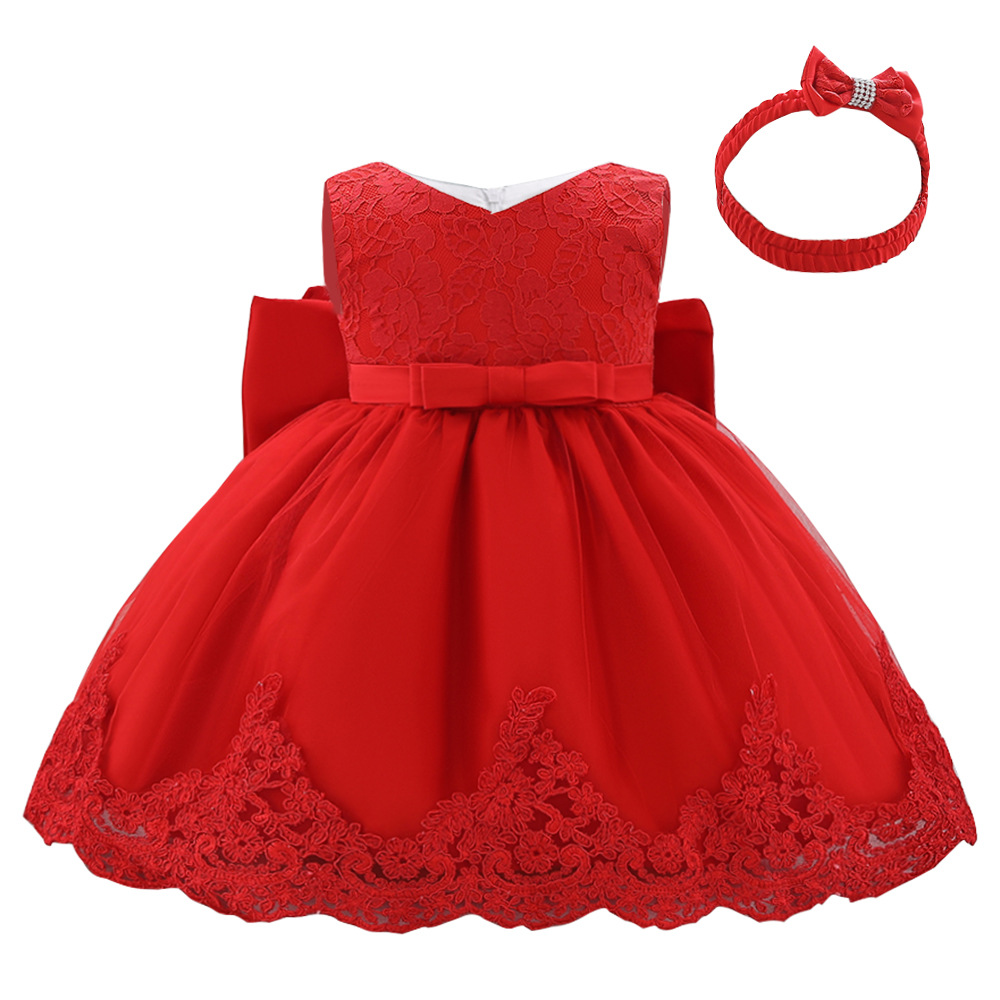 Vestido de bebé Amazon con lazo grande, vestido de novia de encaje, vestido de princesa, regalo para bebé de un año, diadema, superventas transfronterizo.