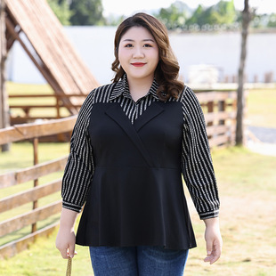 Plus Size Women's Clothing 2025 Autumn New Chiffon Blouse for Chubby Women 100kg Covers Flaws, Looks Slimming, Versatile Patchwork Long-Sleeve Top