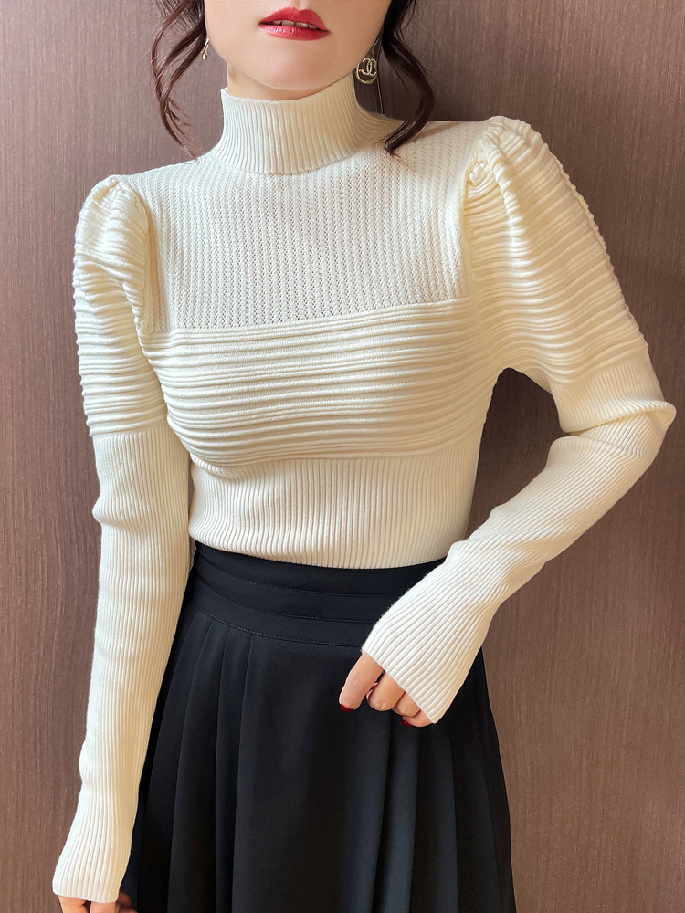 半高领针织衫女套头2023早秋新款毛衣百搭洋气泡泡袖设计感打底衫