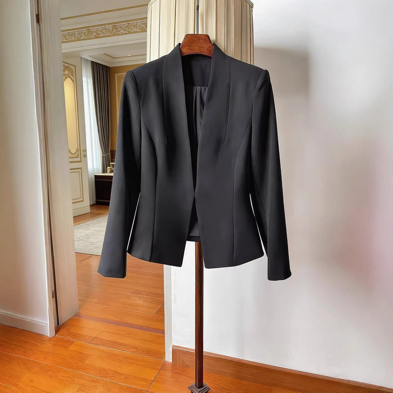 Elegant Commuter Acetate Blazer, Spring/Summer Slim-Fit, Waist-Cinching, Single-Button, Collarless, Lightweight Blazer