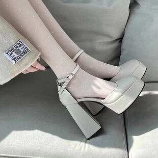 Mary Jane Coarse Heel High Heels Women's 2024 New Fairy Style Waterproof Platform French Square Head Buckle Shoes