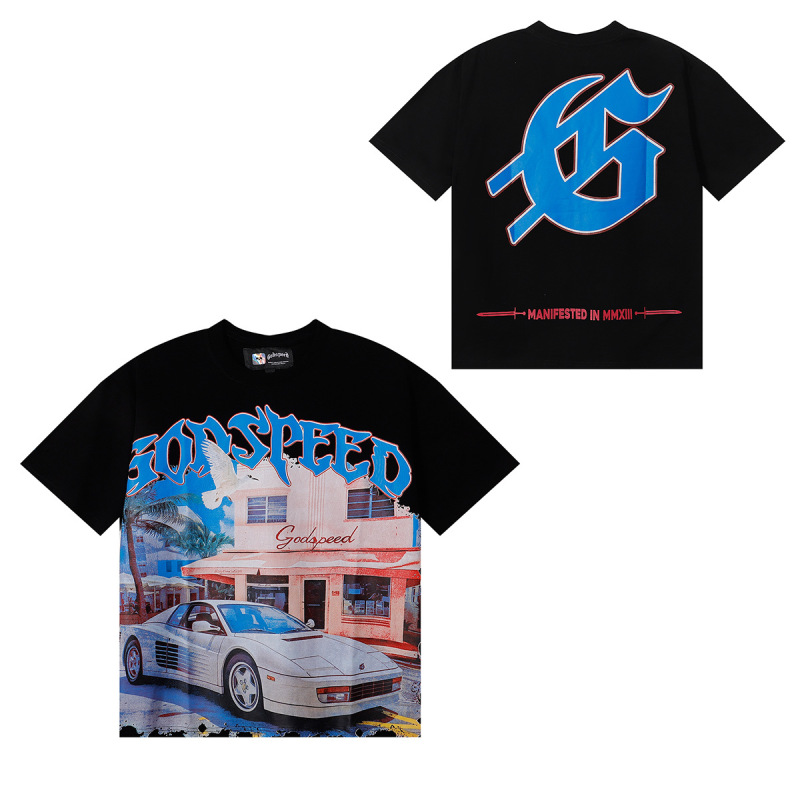 夏新作 Godspeed アメリカのハイストリートファッションブランド スカルロック ペアレタープリント 半袖Tシャツ メンズ|undefined