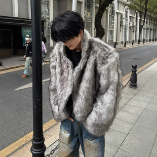 Vintage High Street Environmental Turf Short Cotton-padded Jacket Faux Fox Fur Thickened Warm Jacket Niche High-end Jacket for Men