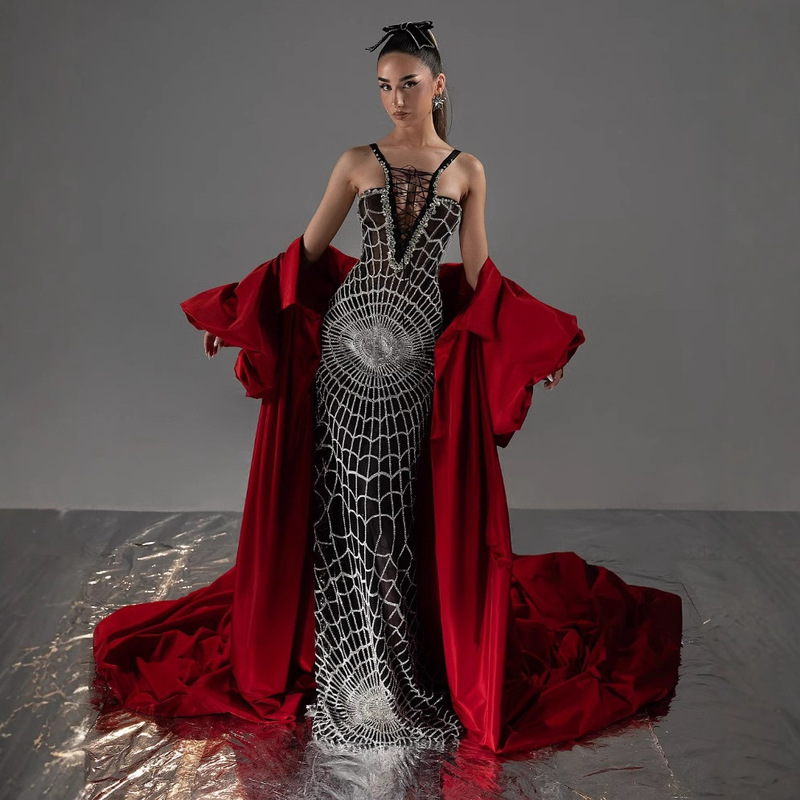 European and American foreign trade export fashion tether sequins sleeveless slim hip and floor long dinner party evening dress