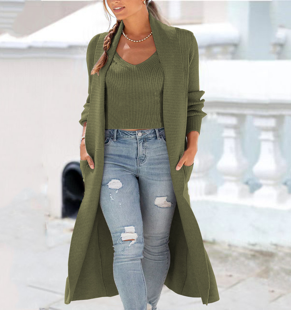 Conjunto de Abrigo de Punto y Chaleco para Mujer Algodón y Poliéster Suelto para Otoño e Invierno