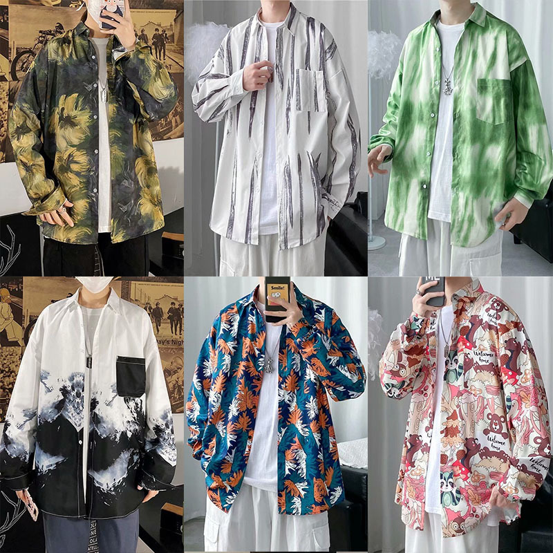 Batik-Druckhemd, langärmliges Herrenoberteil in koreanischer Version mit lockerem Drapierung, leichter, reifer Stil für Frühling und Herbst_voghion.com