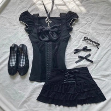 跨境新款欧美可爱原宿女式短裙 复古街头哥特时尚甜美蝴蝶结短款