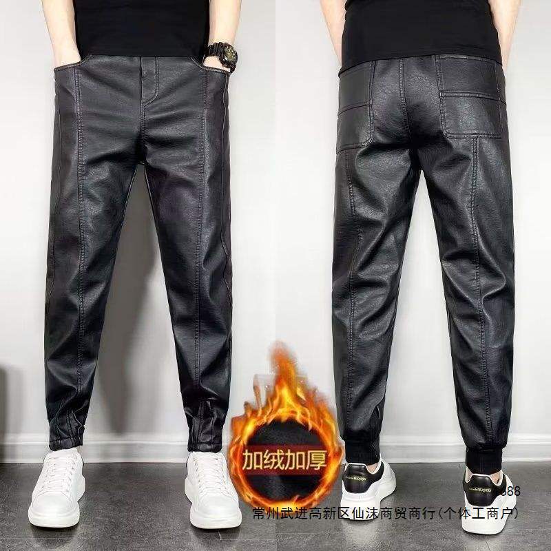 New winter style, fleece-lined, thickened, casual stretch motorcycle leather pants for men, fashionable, versatile, windproof, waterproof, and warm.