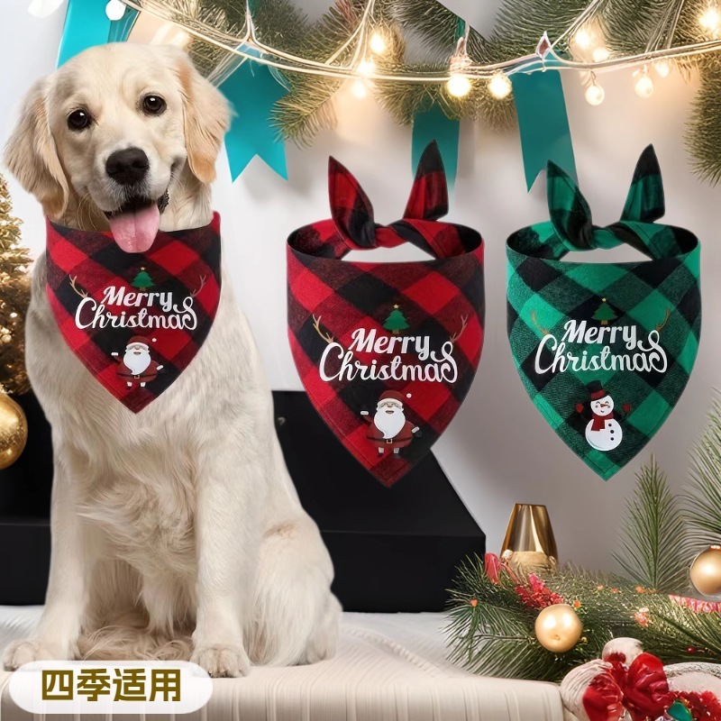 メーカー販売チェック柄ペット唾液タオルサンタクロース雪だるま猫犬スカーフクリスマスペット三角タオル|undefined