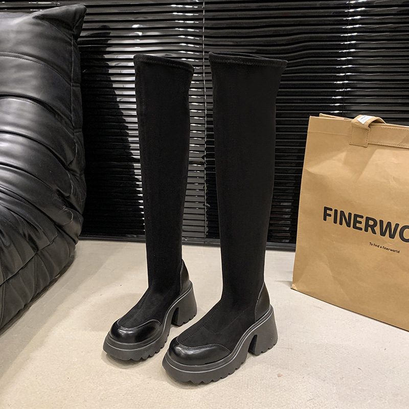 Small, thick soled, high-heeled, elastic, slim sock 2024 autumn and winter, retro Maillard knee high boots for women_voghion.com