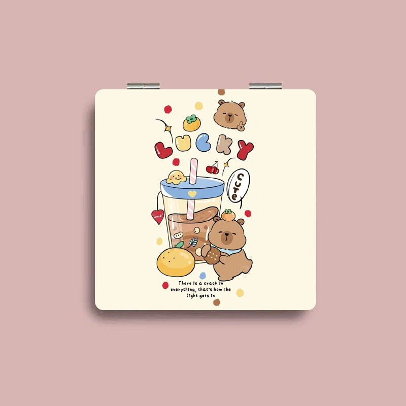 Cartoon table handheld folding mirror for students with light, Birthday gift