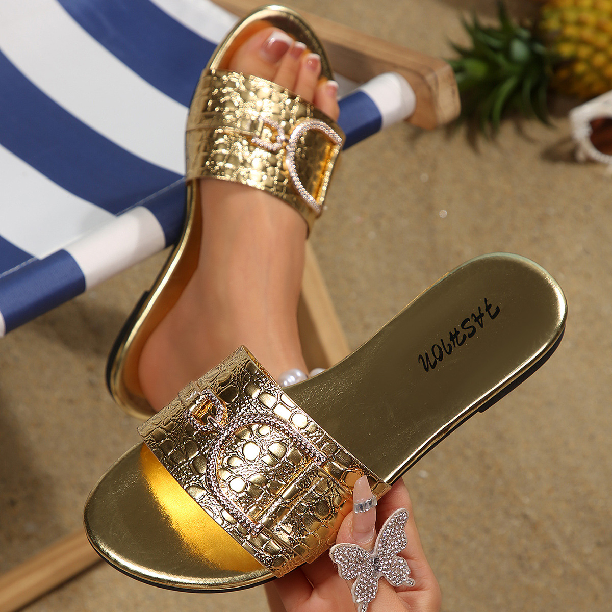 Sandalias Planas para Mujer de Cuero Sintético, Cómodo, Fondo Plano, para Uso Casual