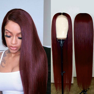 Wig for Women with Long Straight Hair, Burgundy Dyed Synthetic Fiber Wig, Aliexpress Supplier, High-Temperature Fiber Wig