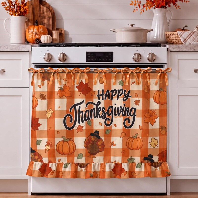 Cross-border Amazon Autumn Oven Curtain Thanksgiving Kitchen Decoration Pumpkin Maple Leaf Rustic Oven Curtain
