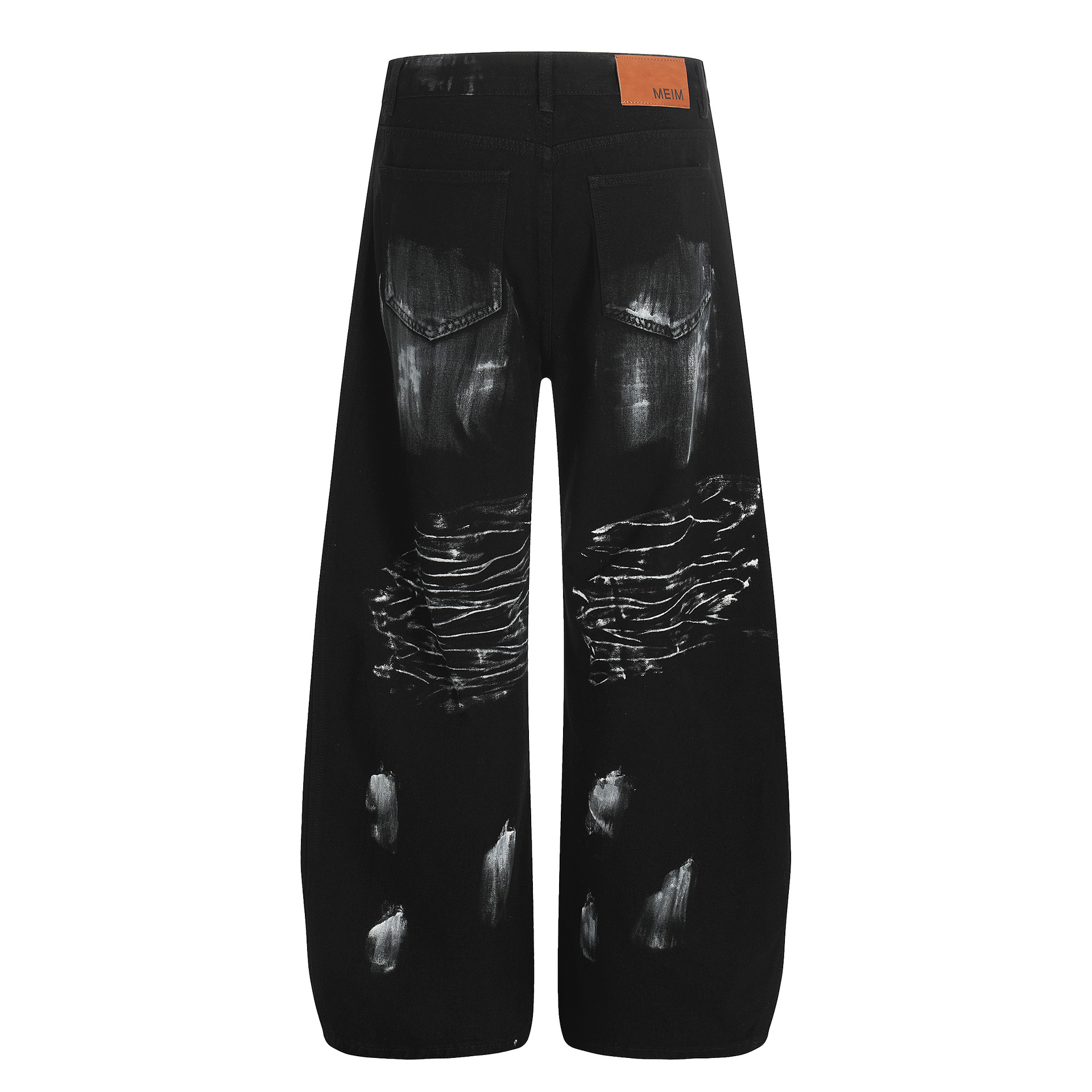 Jean en denim noir délavé, coupe ample, jambe droite, style vintage, effet peinture éclaboussée, pour homme et femme._voghion.com