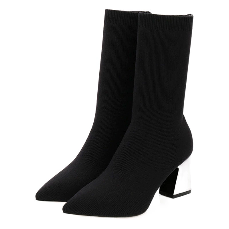 Вязаные высокие сапоги-носки для женщин до середины икры, весна 2021, новые универсальные короткие сапоги в корейском стиле на толстом каблуке, тонкие эластичные узкие сапоги