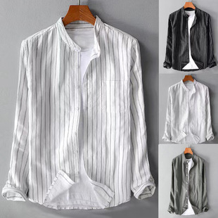 2024 spring and autumn foreign trade hot men's casual multi-color striped sleeve shirt comfortable cotton and linen men's shirt