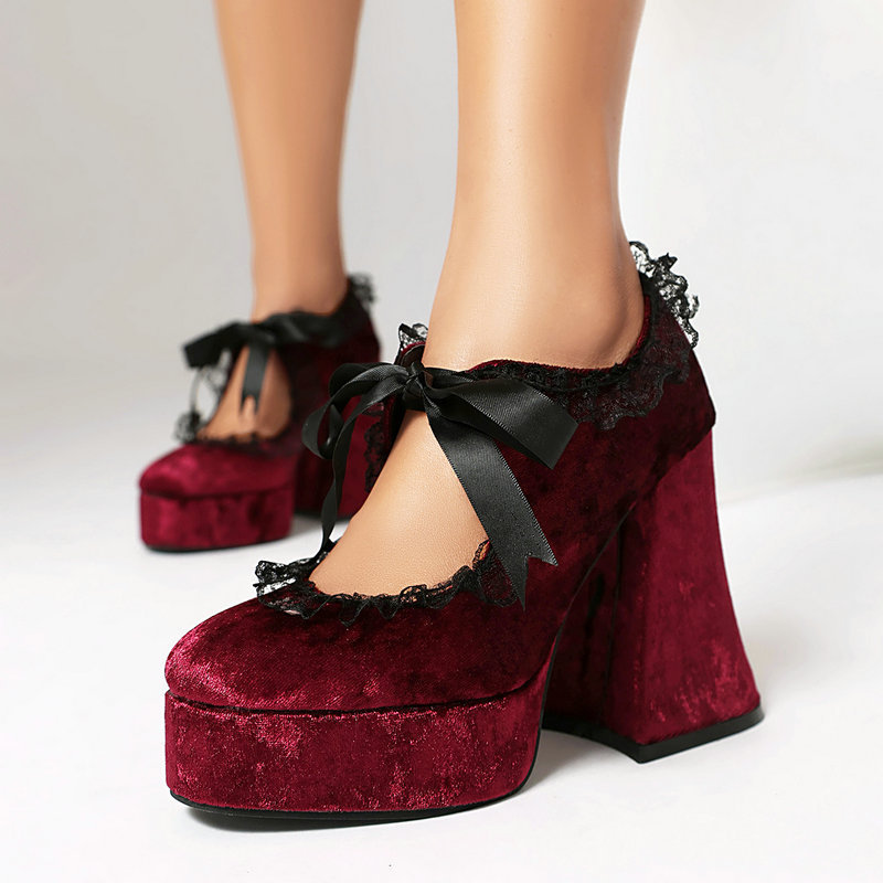 Mary Jane Women's Shoes Gold Velvet Fabric Waterproof Platform Thick Sole Thick Heel Super High Heel Front Lace Punk High Heel Women's Shoes