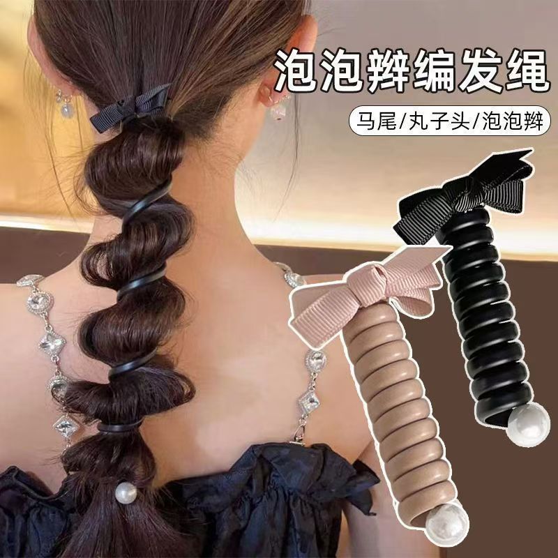 女性のためのシンプルなバブル編み込みヘアロープ 2025 新しいスタイルのリボンストレート電話コードヘアゴムハイポニーテールヘアロープ|undefined