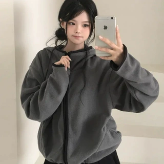 已出货 韩国chic时尚拼接双面摇粒绒连帽外套女宽松休闲卫衣26566