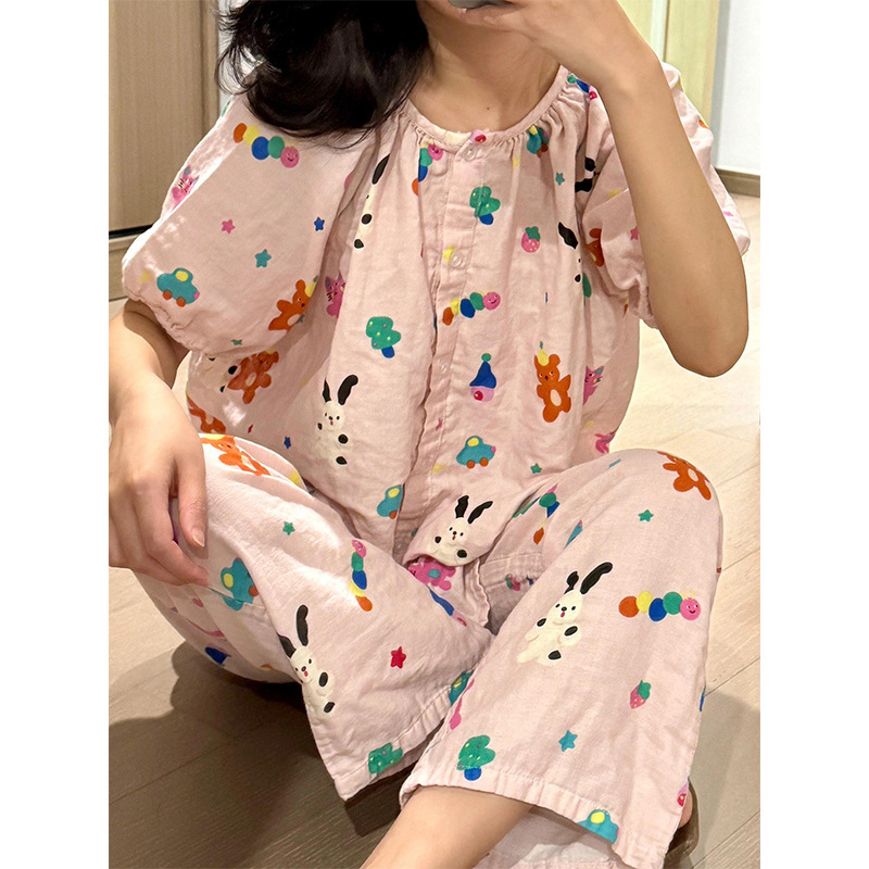 Girls Sweet Cartoon Bear Print Short Sleeve Pajamas Women's Summer Casual Loose Cardigan Trousers Home Clothes Set