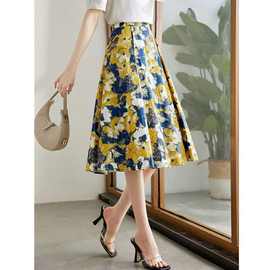 外贸跨境2025春夏款印花半身裙女高腰气质a字裙显瘦遮肚中长裙子