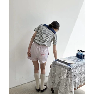 现 2026夏季新款韩国设计师viapl*in休闲条纹撞色海军领短袖T恤