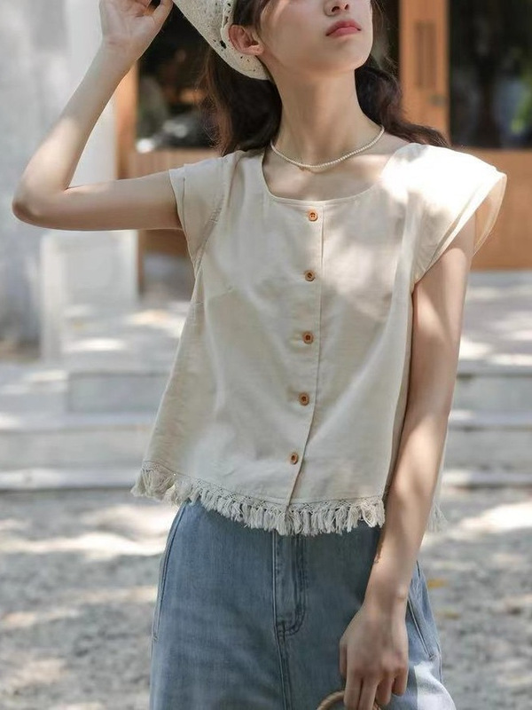 夏/タッセル裾小さなフライングスリーブトップシャツ女性の夏の新しいスタイルの小さなシャツ|undefined